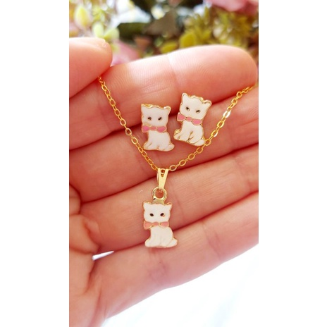 Colar e Brinco infantil folheado a ouro 18k menina Flor, borboleta, unicórnio, gato