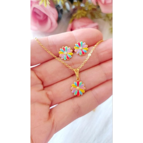 Colar e Brinco Infantil Folheado a Ouro 18K