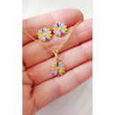 Colar e Brinco infantil folheado a ouro 18k menina Flor, borboleta, unicórnio, gato