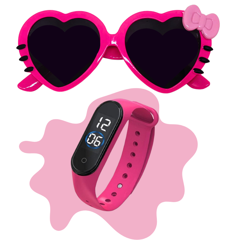 Óculos de sol infantil menina + relógio infantil de led barato da moda