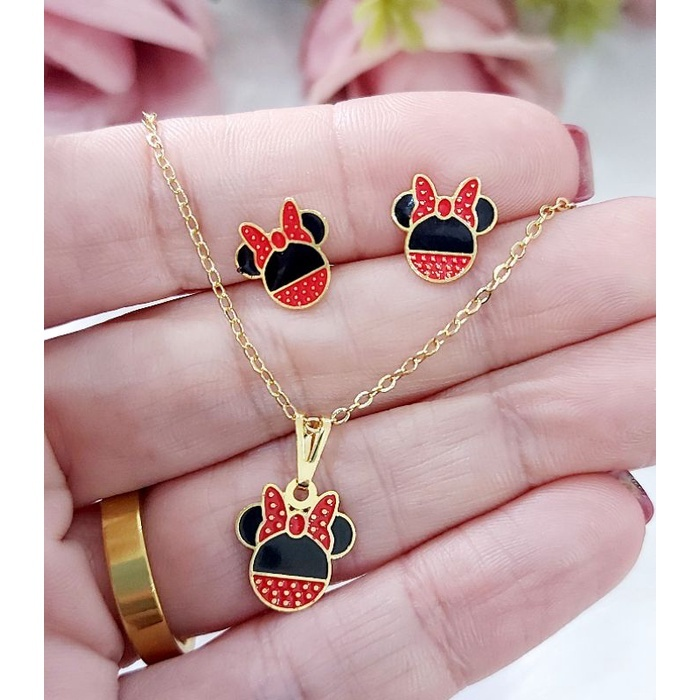 Colar e Brinco Infantil Folheado a Ouro 18K